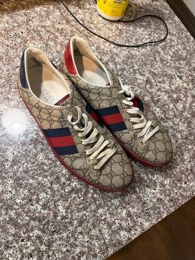 Gucci Beige GG Supreme Sneakers with Red & Blue Web Stripe